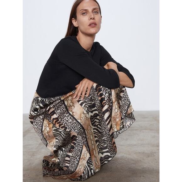 Zara Black Multicolor Animal Print Long Sleeve Leopard Zebra Midi Dress Size L - Picture 2 of 9